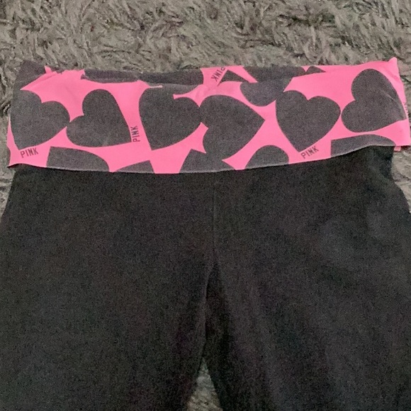 PINK Victoria's Secret Black Leggings Pink heart Trim metallic silver PINK logo - Picture 2 of 6